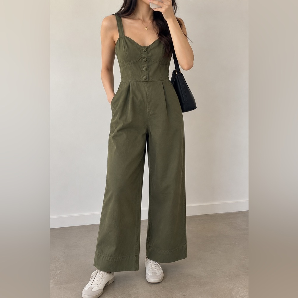 Moon River Olive Strap Jumpsuit with Button Bodice Wide Legs